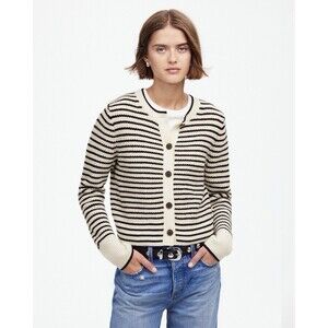 Madewell Waffle-Knit 100% Merino Wool Long Sleev Cardigan in Stripe Black Crm XL